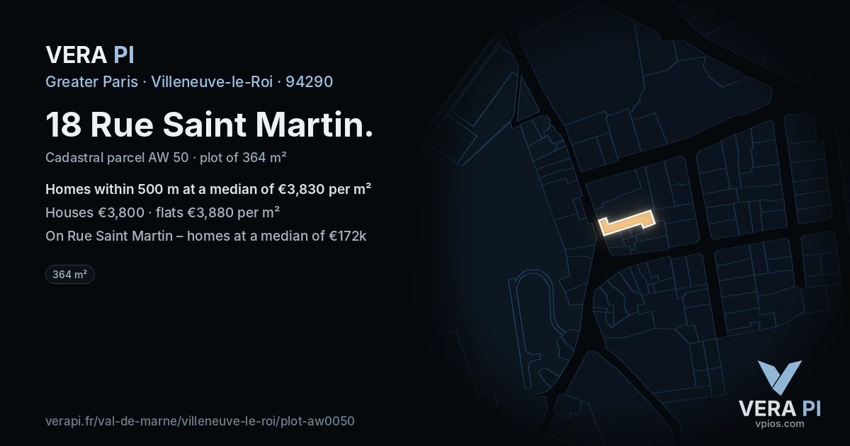 18 Rue Saint Martin, Villeneuve-le-Roi at night – the plot lit, the parcels around coloured by the prices near them