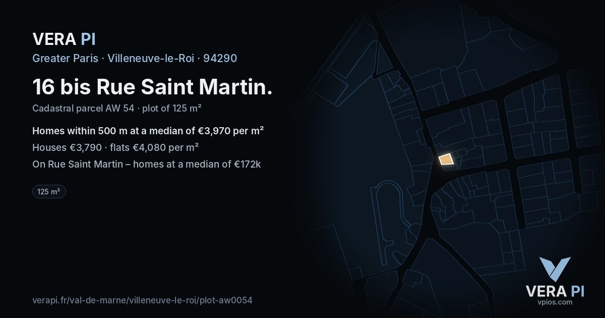 16 bis Rue Saint Martin, Villeneuve-le-Roi at night – the plot lit, the parcels around coloured by the prices near them