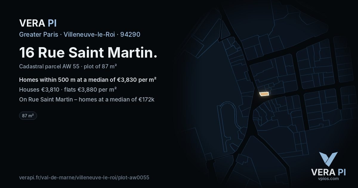 16 Rue Saint Martin, Villeneuve-le-Roi at night – the plot lit, the parcels around coloured by the prices near them
