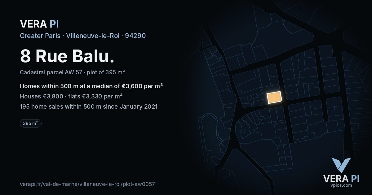 8 Rue Balu, Villeneuve-le-Roi at night – the plot lit, the parcels around coloured by the prices near them