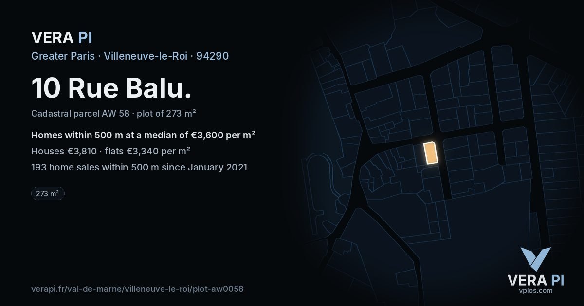 10 Rue Balu, Villeneuve-le-Roi at night – the plot lit, the parcels around coloured by the prices near them