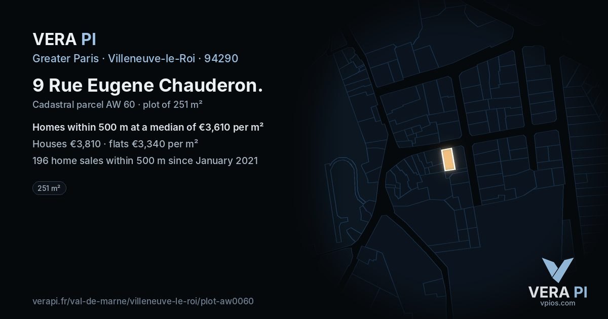 9 Rue Eugene Chauderon, Villeneuve-le-Roi at night – the plot lit, the parcels around coloured by the prices near them