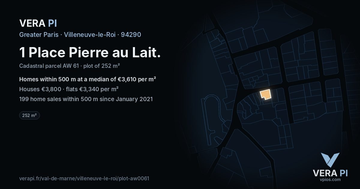 1 Place Pierre au Lait, Villeneuve-le-Roi at night – the plot lit, the parcels around coloured by the prices near them