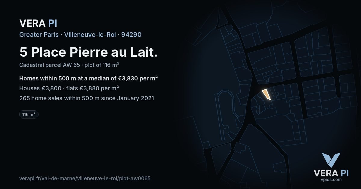 5 Place Pierre au Lait, Villeneuve-le-Roi at night – the plot lit, the parcels around coloured by the prices near them