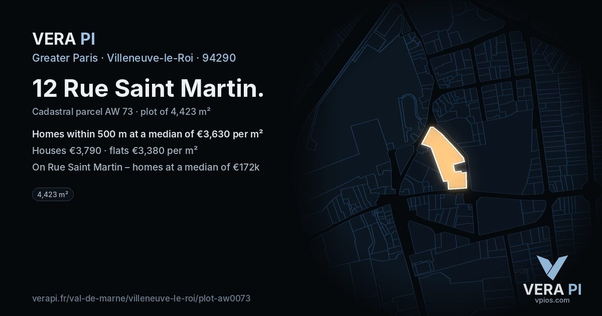 12 Rue Saint Martin, Villeneuve-le-Roi at night – the plot lit, the parcels around coloured by the prices near them