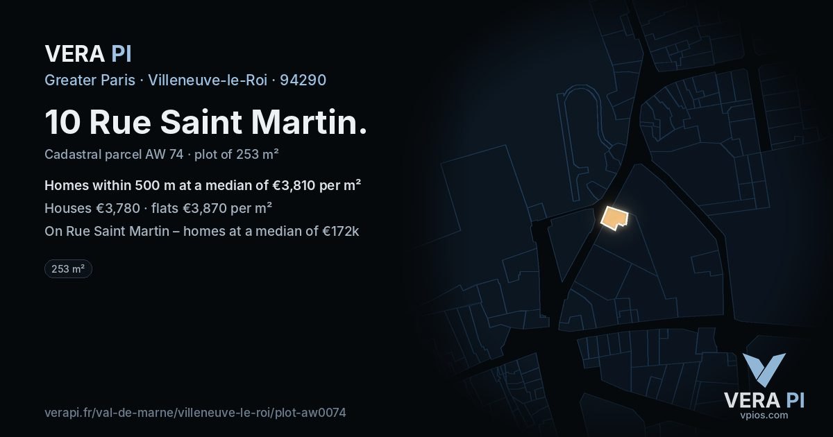 10 Rue Saint Martin, Villeneuve-le-Roi at night – the plot lit, the parcels around coloured by the prices near them