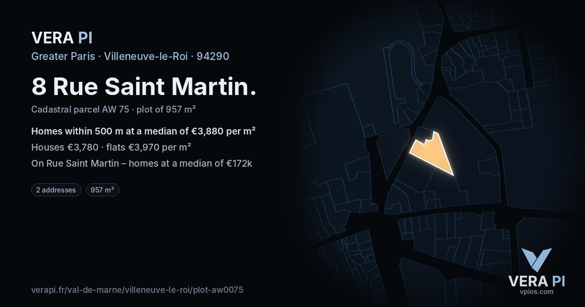 8 Rue Saint Martin, Villeneuve-le-Roi at night – the plot lit, the parcels around coloured by the prices near them