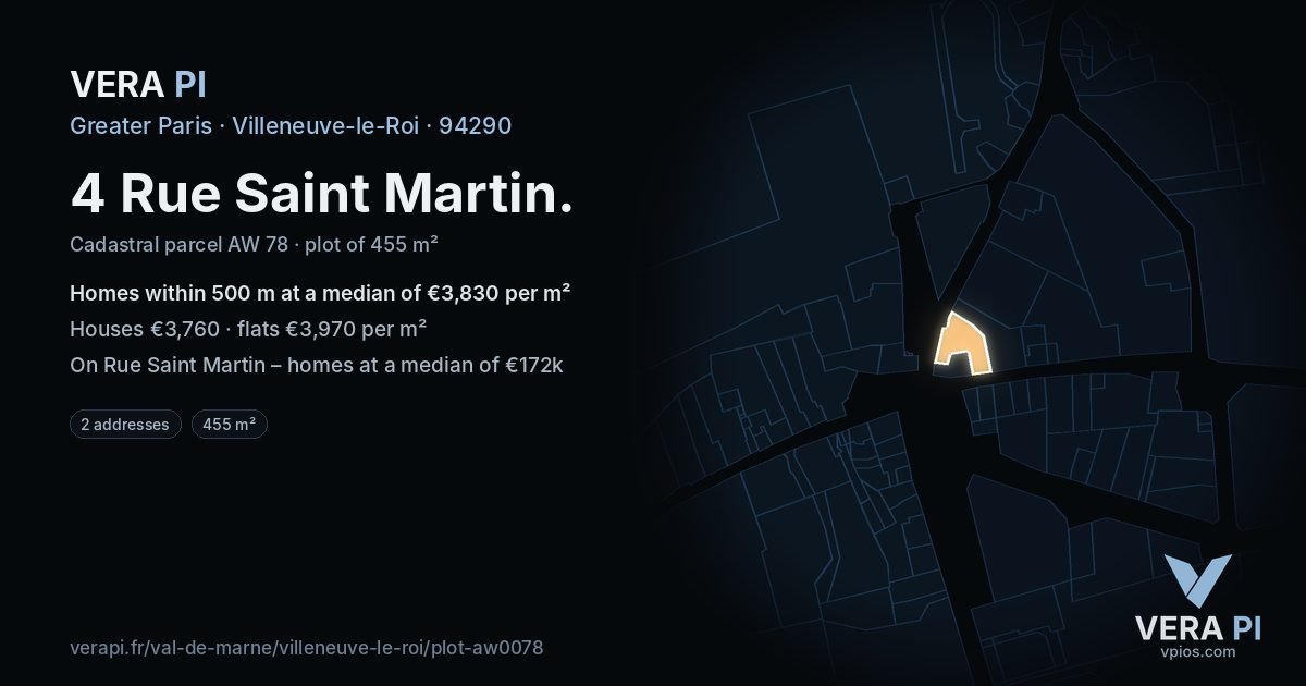 4 Rue Saint Martin, Villeneuve-le-Roi at night – the plot lit, the parcels around coloured by the prices near them