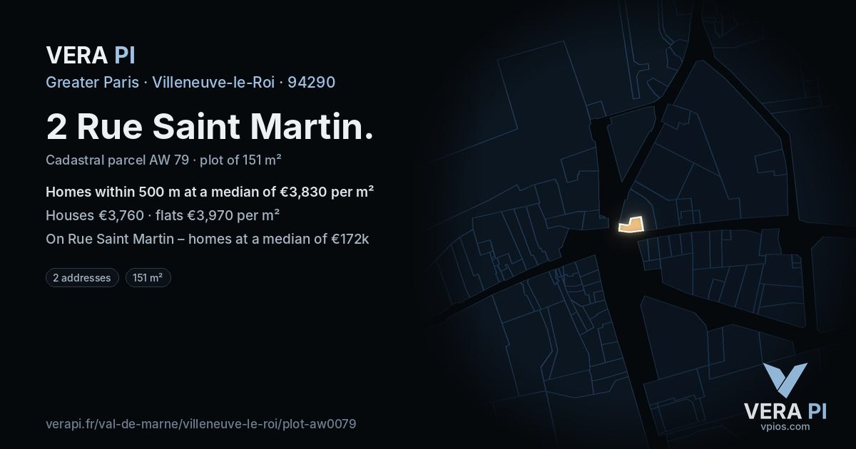 2 Rue Saint Martin, Villeneuve-le-Roi at night – the plot lit, the parcels around coloured by the prices near them