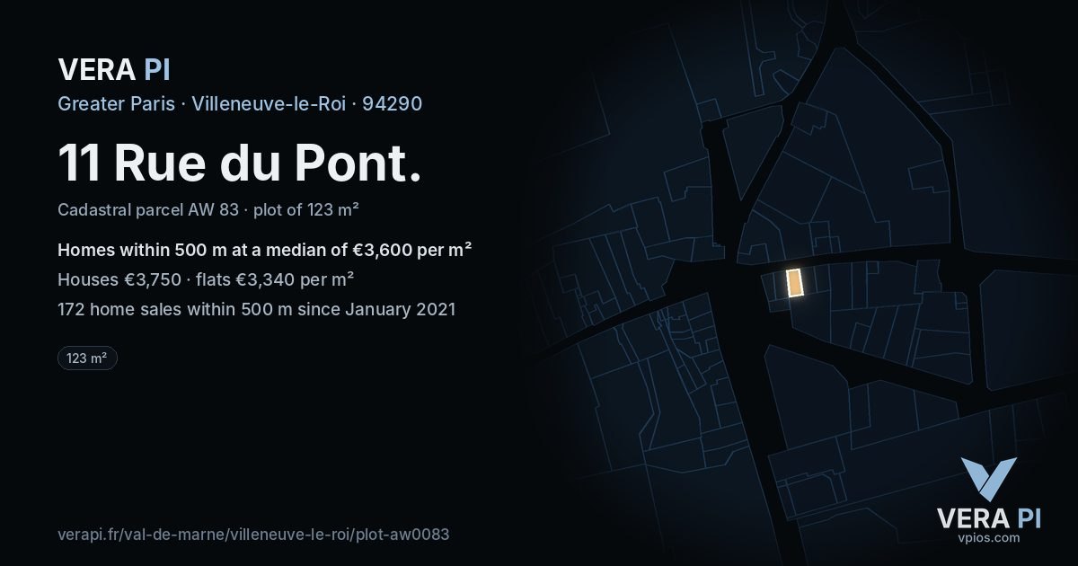11 Rue du Pont, Villeneuve-le-Roi at night – the plot lit, the parcels around coloured by the prices near them
