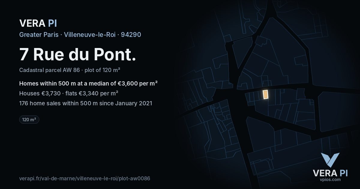 7 Rue du Pont, Villeneuve-le-Roi at night – the plot lit, the parcels around coloured by the prices near them