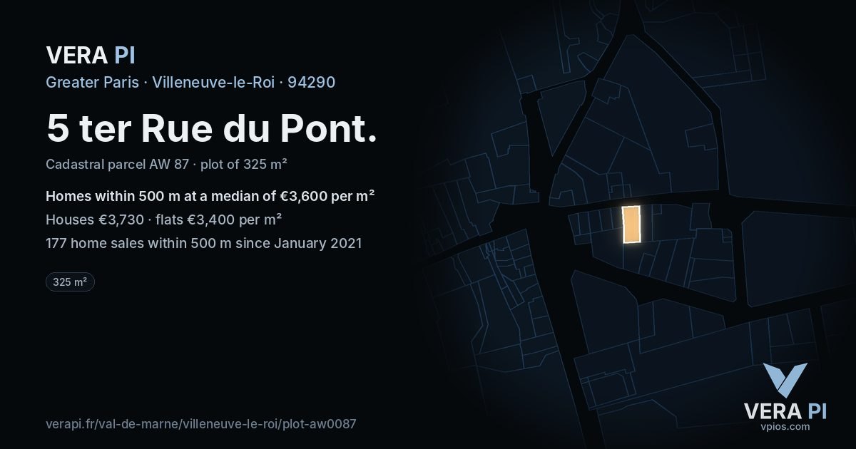 5 ter Rue du Pont, Villeneuve-le-Roi at night – the plot lit, the parcels around coloured by the prices near them
