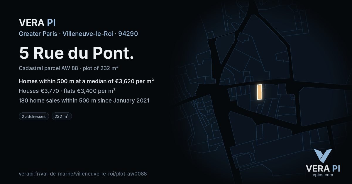 5 Rue du Pont, Villeneuve-le-Roi at night – the plot lit, the parcels around coloured by the prices near them