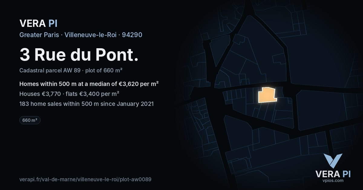 3 Rue du Pont, Villeneuve-le-Roi at night – the plot lit, the parcels around coloured by the prices near them