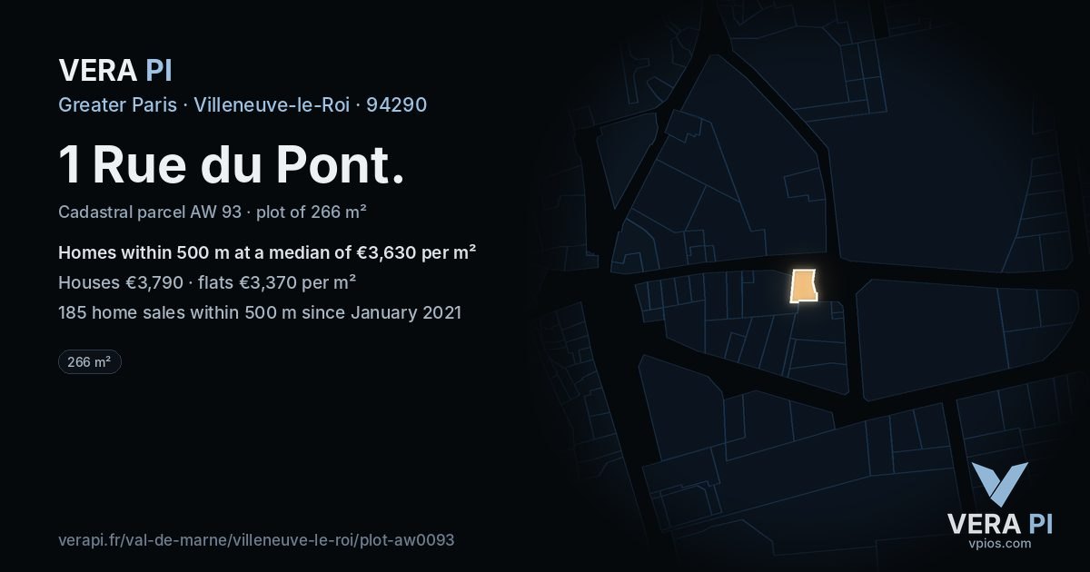 1 Rue du Pont, Villeneuve-le-Roi at night – the plot lit, the parcels around coloured by the prices near them
