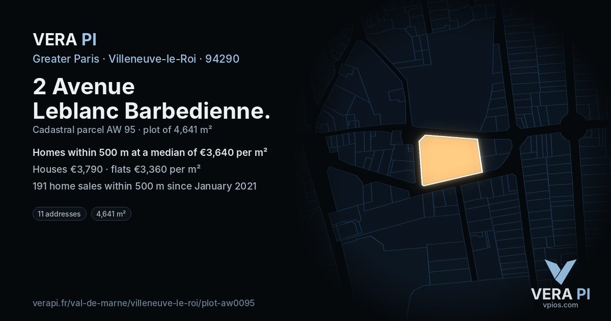 2 Avenue Leblanc Barbedienne, Villeneuve-le-Roi at night – the plot lit, the parcels around coloured by the prices near them