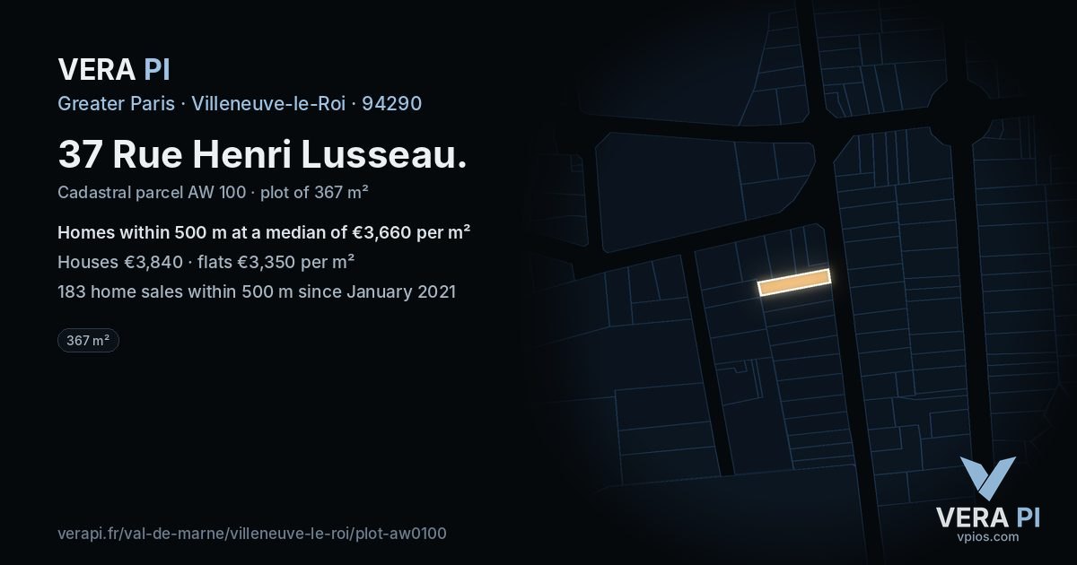 37 Rue Henri Lusseau, Villeneuve-le-Roi at night – the plot lit, the parcels around coloured by the prices near them