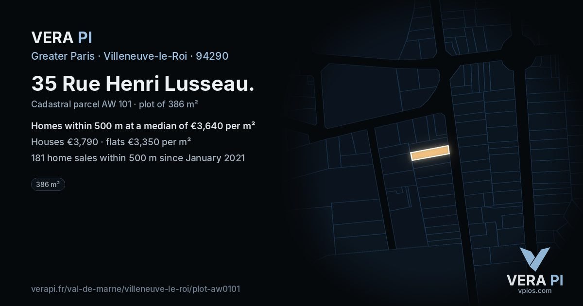 35 Rue Henri Lusseau, Villeneuve-le-Roi at night – the plot lit, the parcels around coloured by the prices near them