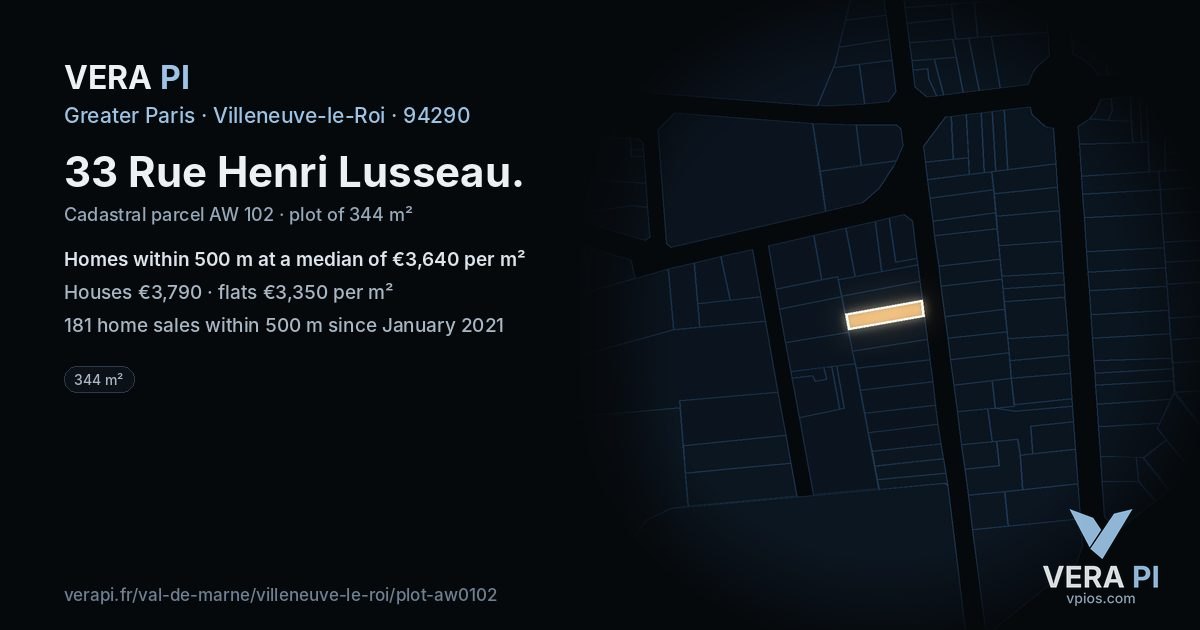 33 Rue Henri Lusseau, Villeneuve-le-Roi at night – the plot lit, the parcels around coloured by the prices near them
