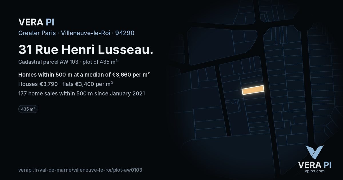 31 Rue Henri Lusseau, Villeneuve-le-Roi at night – the plot lit, the parcels around coloured by the prices near them