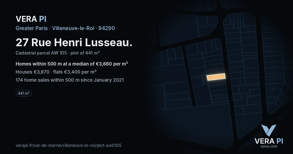 27 Rue Henri Lusseau, Villeneuve-le-Roi at night – the plot lit, the parcels around coloured by the prices near them