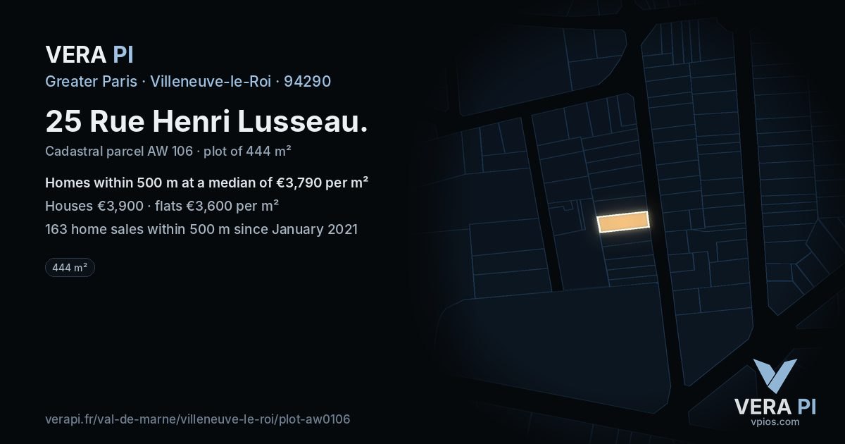 25 Rue Henri Lusseau, Villeneuve-le-Roi at night – the plot lit, the parcels around coloured by the prices near them