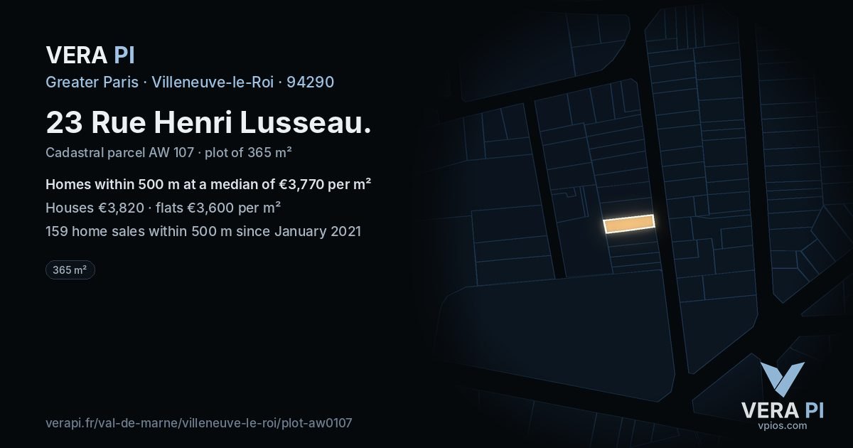 23 Rue Henri Lusseau, Villeneuve-le-Roi at night – the plot lit, the parcels around coloured by the prices near them