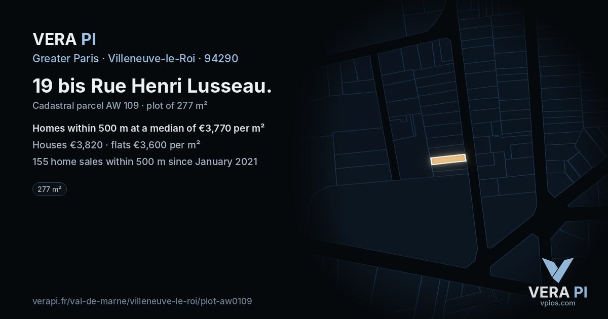 19 bis Rue Henri Lusseau, Villeneuve-le-Roi at night – the plot lit, the parcels around coloured by the prices near them