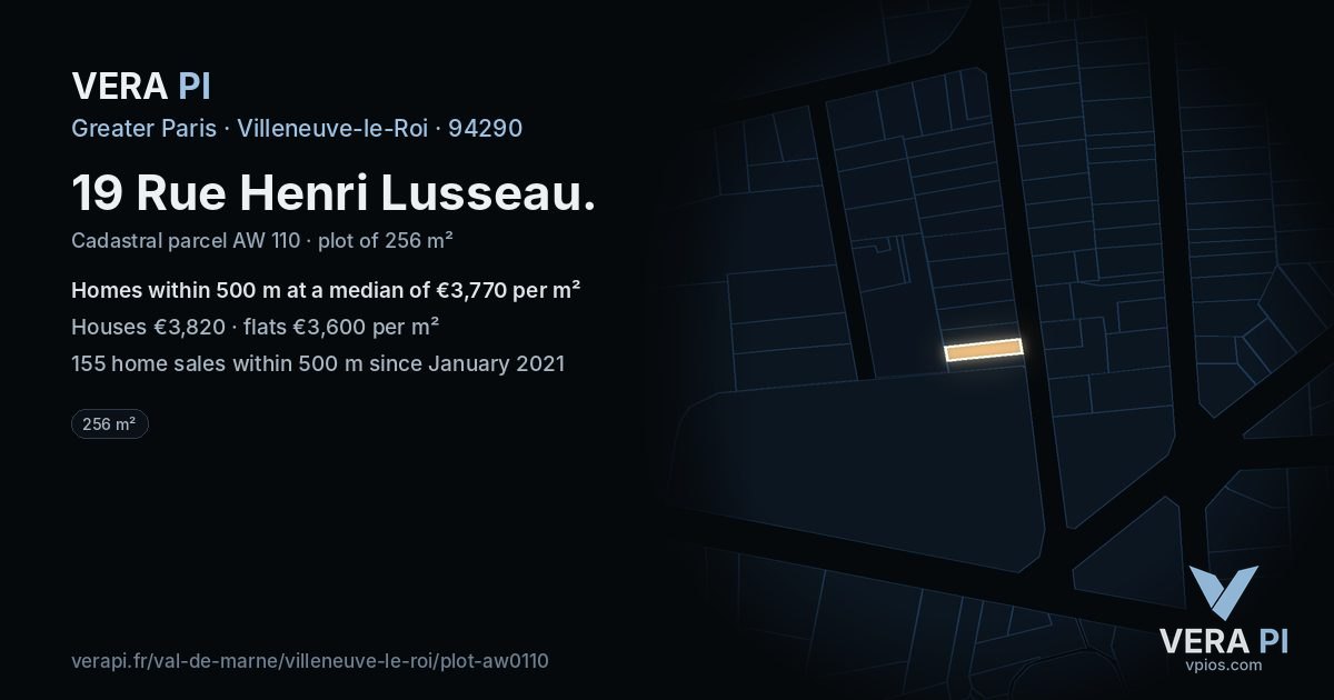 19 Rue Henri Lusseau, Villeneuve-le-Roi at night – the plot lit, the parcels around coloured by the prices near them