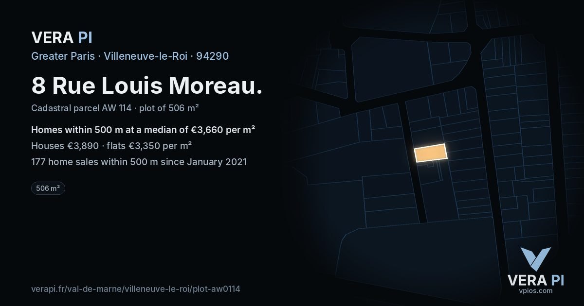 8 Rue Louis Moreau, Villeneuve-le-Roi at night – the plot lit, the parcels around coloured by the prices near them