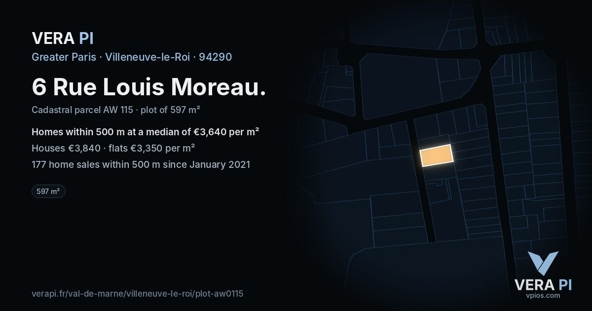 6 Rue Louis Moreau, Villeneuve-le-Roi at night – the plot lit, the parcels around coloured by the prices near them