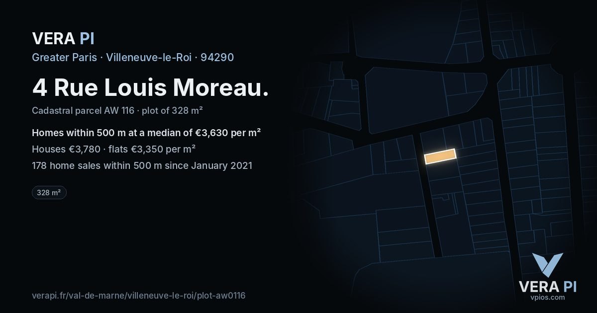 4 Rue Louis Moreau, Villeneuve-le-Roi at night – the plot lit, the parcels around coloured by the prices near them