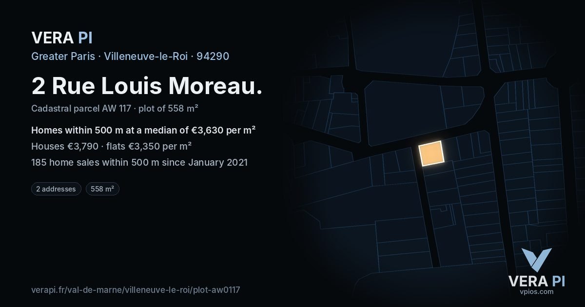 2 Rue Louis Moreau, Villeneuve-le-Roi at night – the plot lit, the parcels around coloured by the prices near them