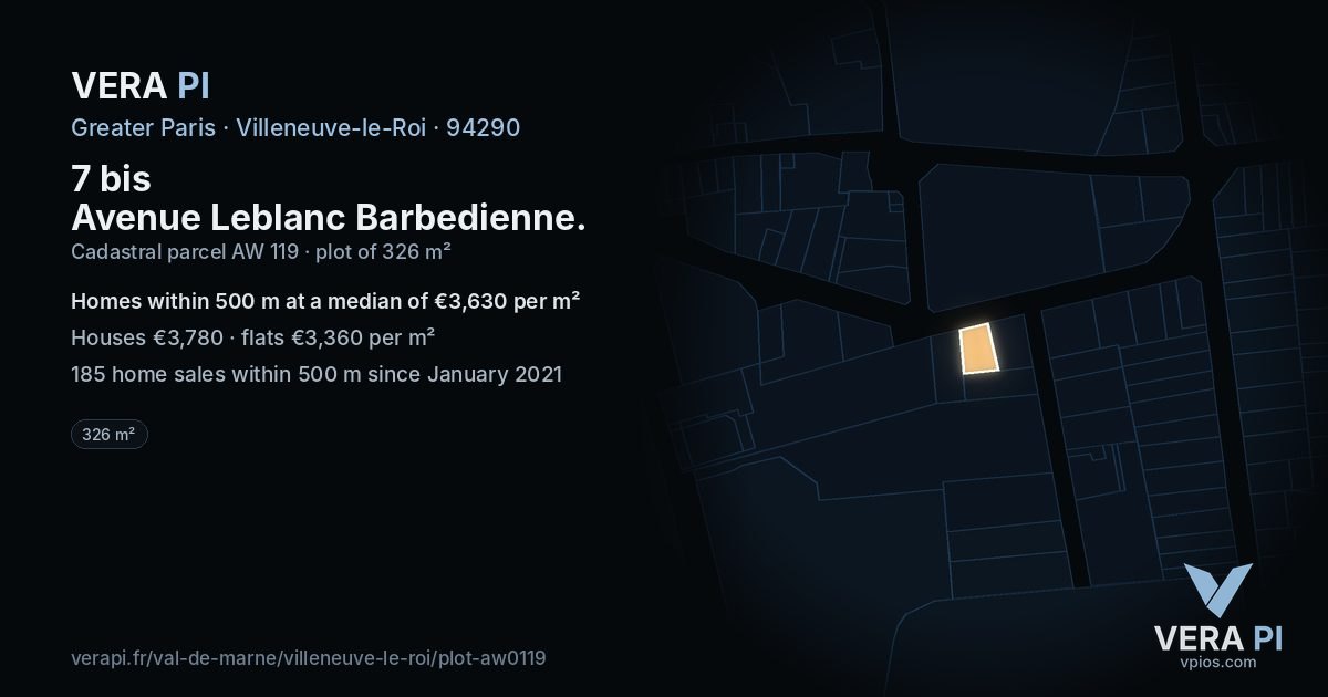 7 bis Avenue Leblanc Barbedienne, Villeneuve-le-Roi at night – the plot lit, the parcels around coloured by the prices near them
