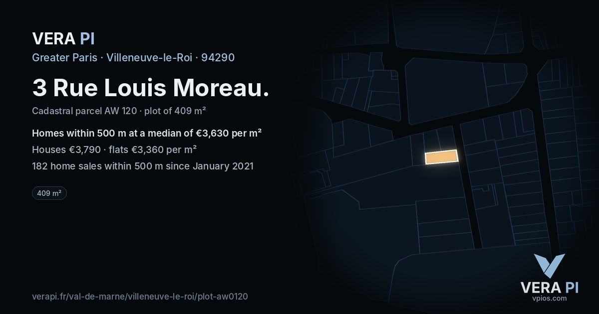 3 Rue Louis Moreau, Villeneuve-le-Roi at night – the plot lit, the parcels around coloured by the prices near them