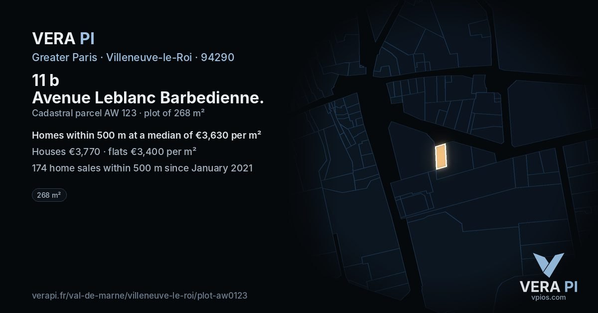 11 b Avenue Leblanc Barbedienne, Villeneuve-le-Roi at night – the plot lit, the parcels around coloured by the prices near them
