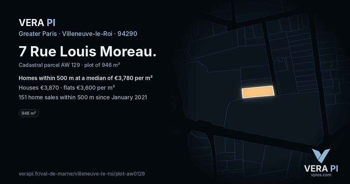 7 Rue Louis Moreau, Villeneuve-le-Roi at night – the plot lit, the parcels around coloured by the prices near them