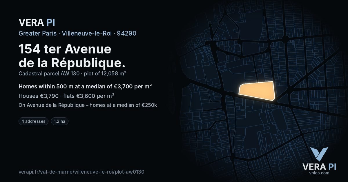 154 ter Avenue de la République, Villeneuve-le-Roi at night – the plot lit, the parcels around coloured by the prices near them