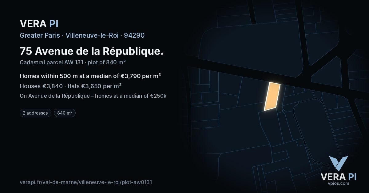 75 Avenue de la République, Villeneuve-le-Roi at night – the plot lit, the parcels around coloured by the prices near them