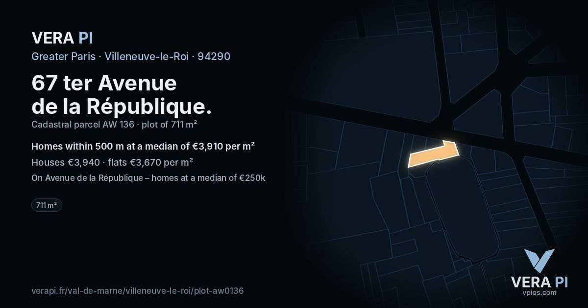 67 ter Avenue de la République, Villeneuve-le-Roi at night – the plot lit, the parcels around coloured by the prices near them