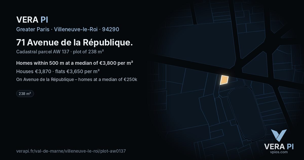 71 Avenue de la République, Villeneuve-le-Roi at night – the plot lit, the parcels around coloured by the prices near them
