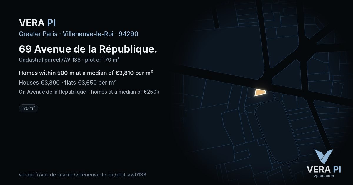 69 Avenue de la République, Villeneuve-le-Roi at night – the plot lit, the parcels around coloured by the prices near them