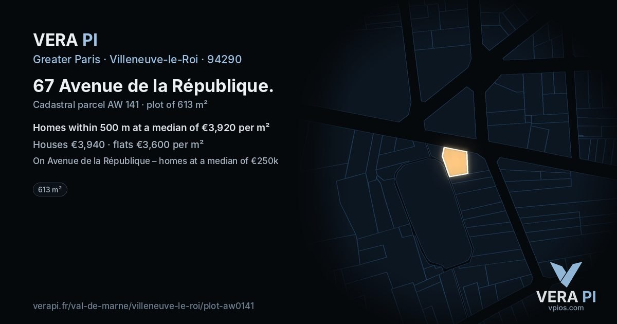 67 Avenue de la République, Villeneuve-le-Roi at night – the plot lit, the parcels around coloured by the prices near them