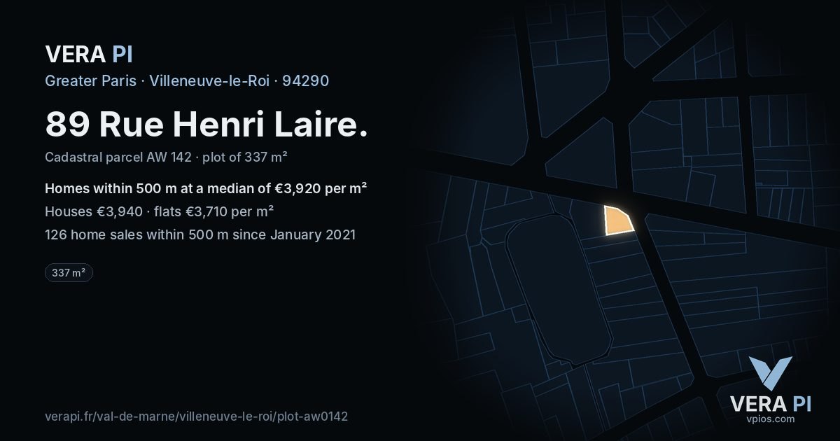 89 Rue Henri Laire, Villeneuve-le-Roi at night – the plot lit, the parcels around coloured by the prices near them