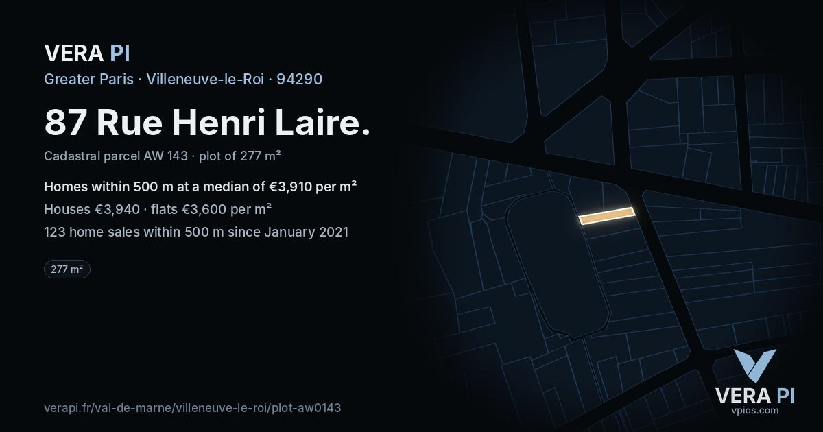 87 Rue Henri Laire, Villeneuve-le-Roi at night – the plot lit, the parcels around coloured by the prices near them