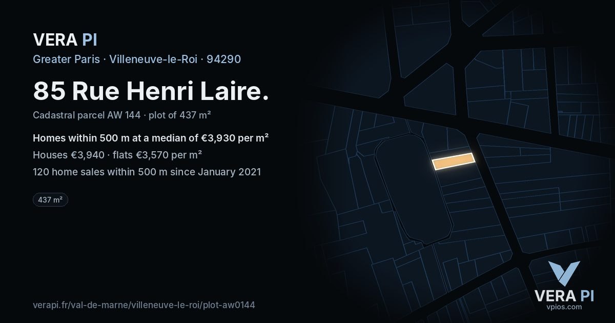 85 Rue Henri Laire, Villeneuve-le-Roi at night – the plot lit, the parcels around coloured by the prices near them