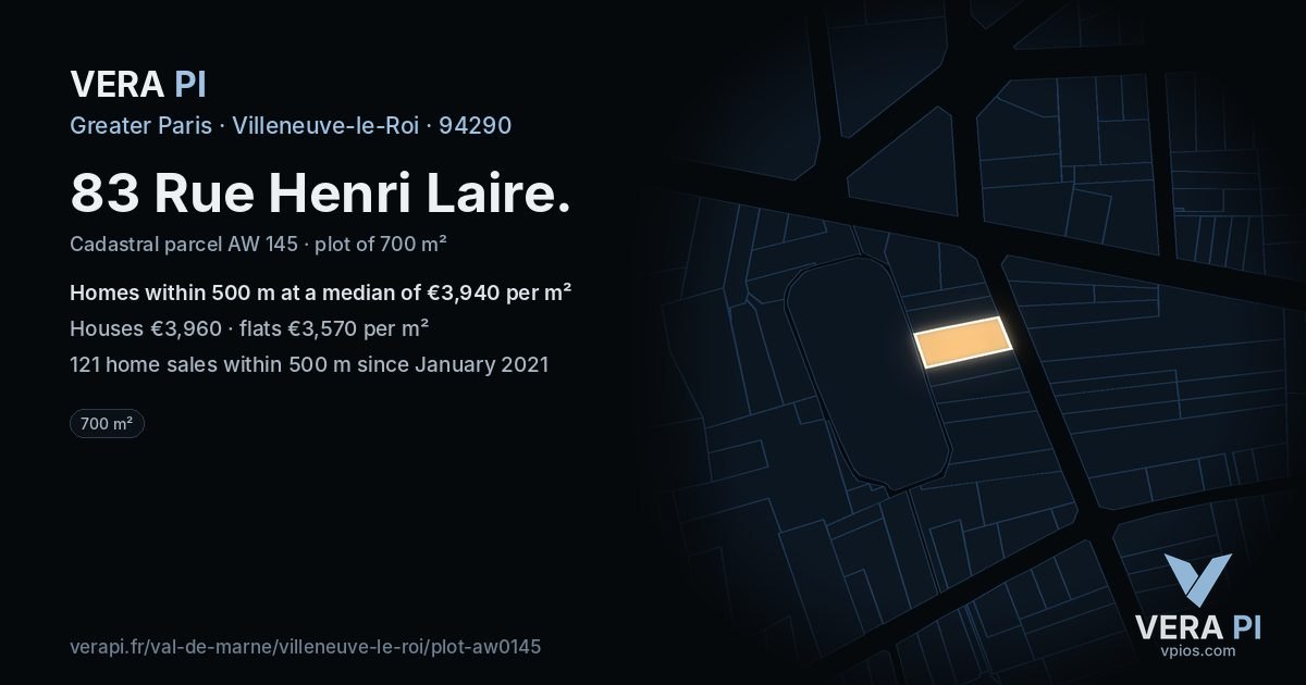 83 Rue Henri Laire, Villeneuve-le-Roi at night – the plot lit, the parcels around coloured by the prices near them