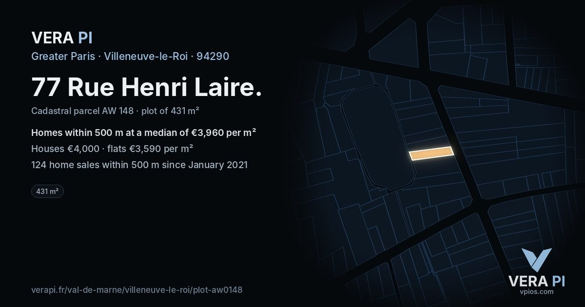 77 Rue Henri Laire, Villeneuve-le-Roi at night – the plot lit, the parcels around coloured by the prices near them