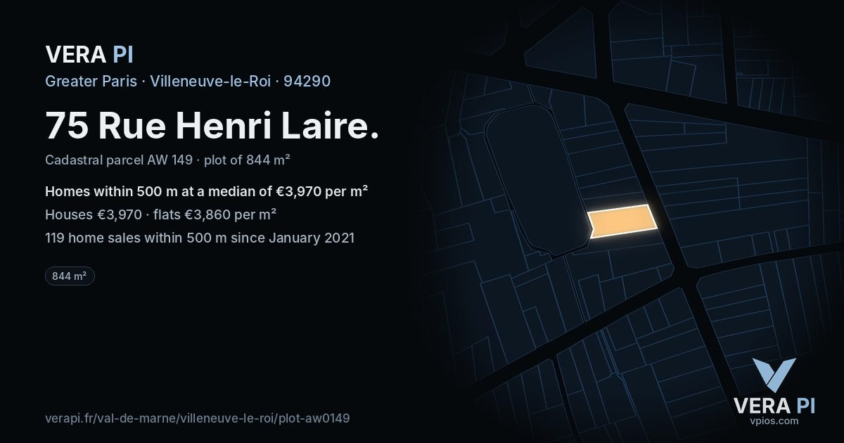 75 Rue Henri Laire, Villeneuve-le-Roi at night – the plot lit, the parcels around coloured by the prices near them
