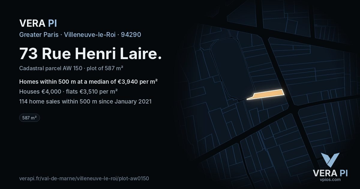 73 Rue Henri Laire, Villeneuve-le-Roi at night – the plot lit, the parcels around coloured by the prices near them